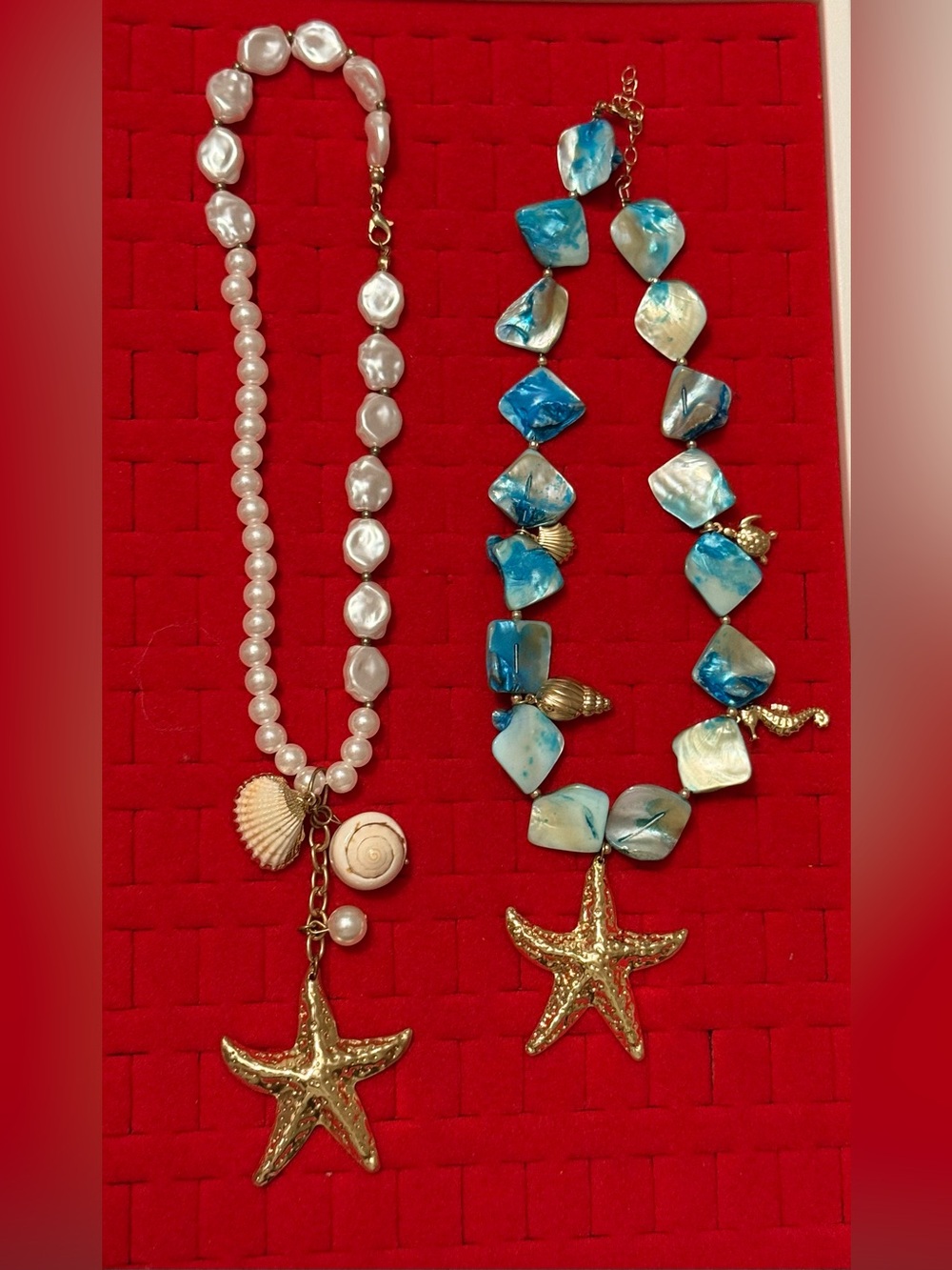 Beach Themed Boho Faux Pearl and Blue Shell Starfish Necklaces -